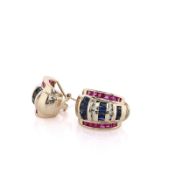 Estate 14 Karat Yellow Gold Sapphire, Ruby and Diamond Stud Earrings