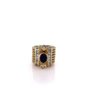 Estate 18k Yellow Gold Wide Stacked Cable Design Sapphire and Diamond Ring