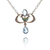 Estate 14 Karat Yellow Gold Aquamarine and Pearl Pendant Necklace