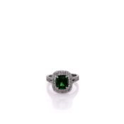 Estate 14k White Gold Tsavorite Chip and Diamond Double Halo Ring