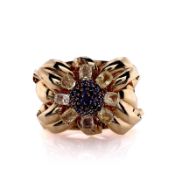 Estate 14k Yellow Gold Hinged Flower Multi-Color Sapphire Bangle Bracelet