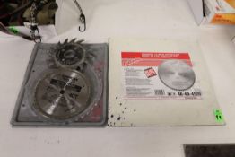 Milwaukee 14" metal cutting blade, American Tools 7-1/4" trime blade, and others pictured