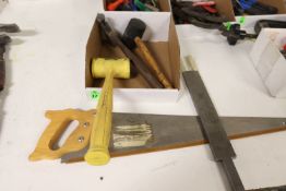 Tools including Master Mechanic Cross Cut saw, rubber mallet, Williams plastic mallet, and a hammer