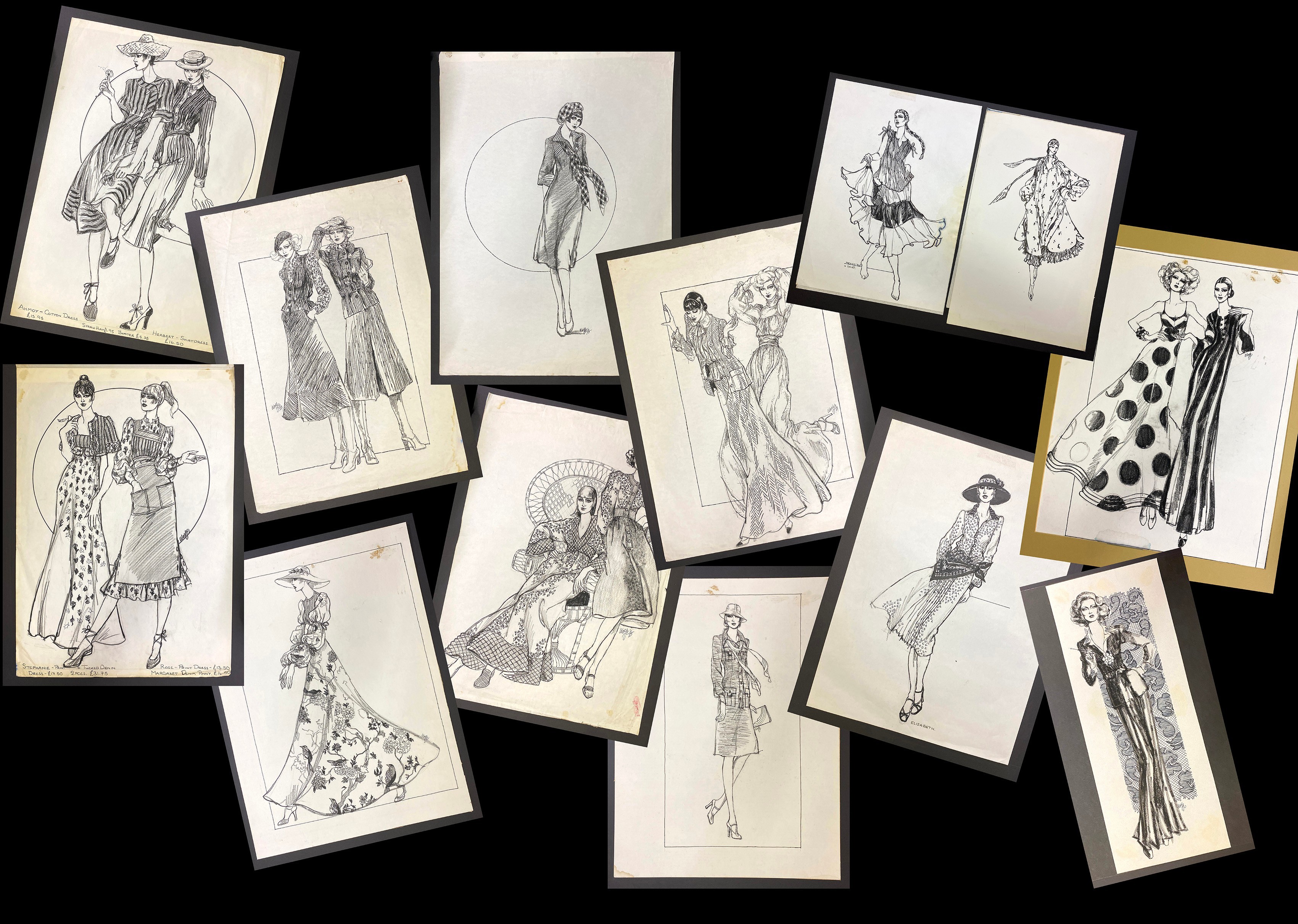 SELECTION OF SIGNED COSTUME DESIGNS DRAWINGS ON PAPER BY VINTAGE FASHION DESIGNER DAVID WOLFE A/F