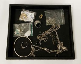 SILVER JEWELLERY WITH PLATINUM & DIAMOND RING SIZE M & A PAIR OF 9 CARAT GOLD EARRINGS