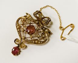 15CT GOLD SEED PEARL & PINK SAPPHIRE BROOCH - 4.6 GRAMS APPROX