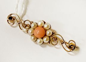 9CT GOLD CORAL & PEARL BROOCH
