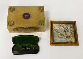 EARLY CHINESE ENAMELLED JEWELLERY BOX WITH A PAIR OF VINTAGE SPECTACLES & SMALL SIGNED FRAMED