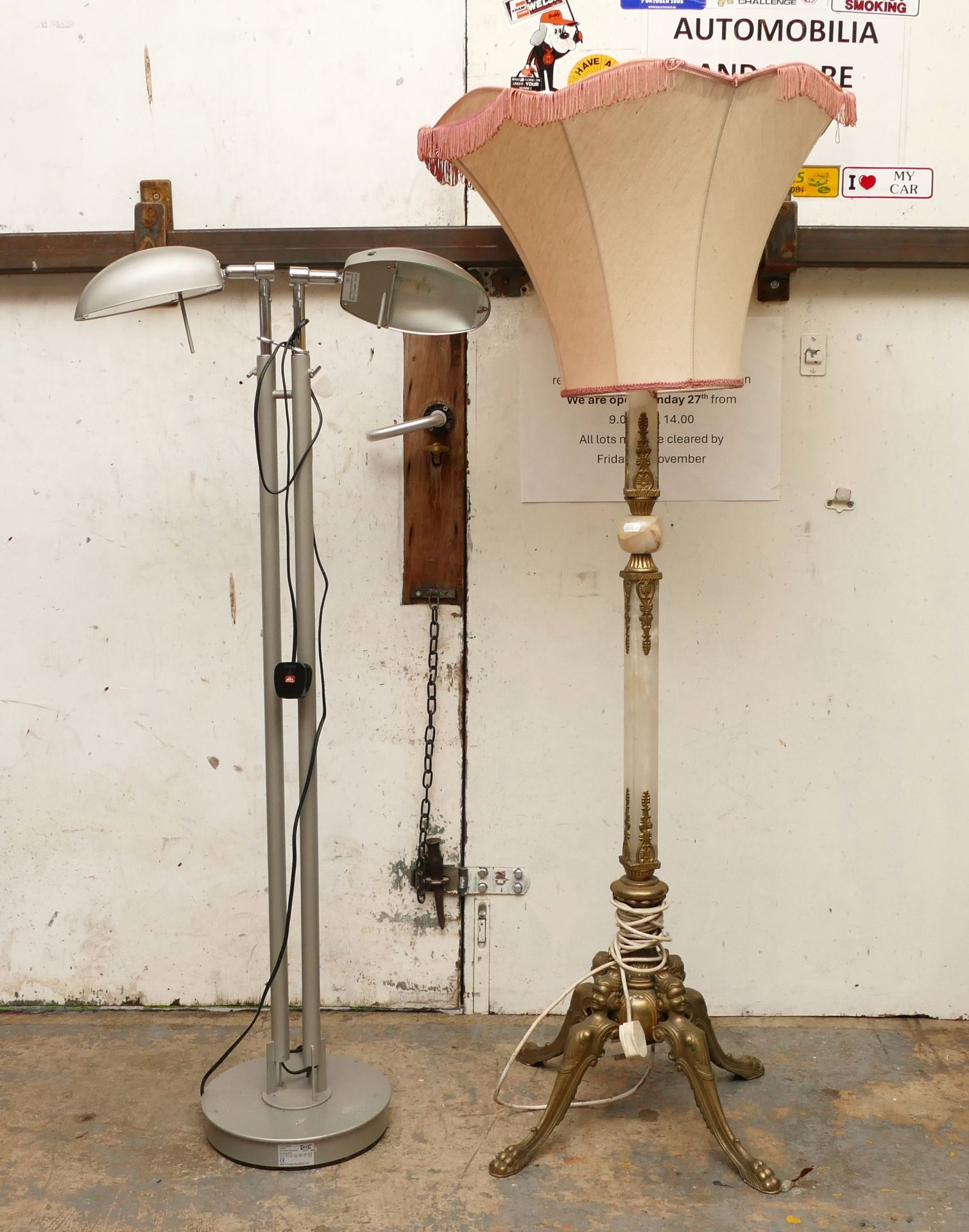 Two floor lamps to include an onyx and bronzed stand with shade, also a contemporary two reading