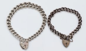 Two silver curb bracelets with heart shaped padlock clasp, 58g