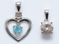A 9ct white gold diamond and gemset heart pendant, 23mm, with a 9ct white gold gemset pendant, 7mm