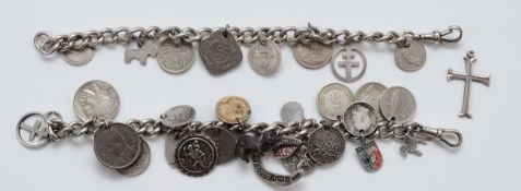 Two silver charm bracelets, with twenty eight charms, 123g