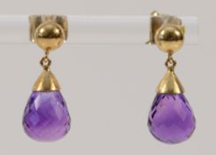 A pair of 9ct gold amethyst drop earrings with scroll backs, 2.6g