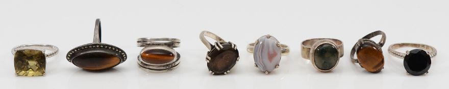 Three 925 silver gemset rings, two silver gemset rings, and three unmarked silver gemset rings