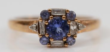 A 9ct gold tanzanite and diamond dress ring, O, 2.2g