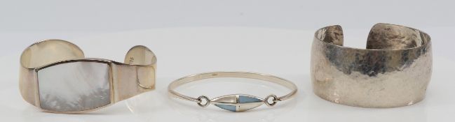 Two 925 silver bangles, with an 800 silver cuff bangle, 83g