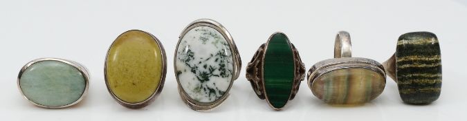 Six 925 silver gemset rings, J-U, 94g