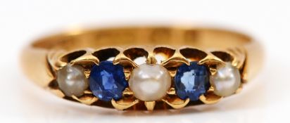 An 18ct gold sapphire and seed pearl carved claw ring, K, 2.3g