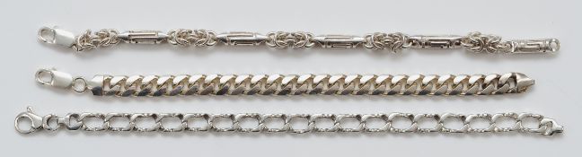 Three 925 silver gents bracelets, 19-21cm, 75g