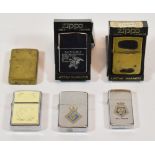 Zippo U.S.A; Six Zippo pocket cigarette lighters, plain and engraved, two boxed, untested. (6)