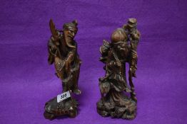 A pair of Chinese carved hardwood immortals, depicting Zhang Guolao and Shou-Lao 20.5cm