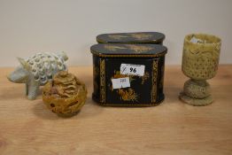 An Indian carved soapstone boar study, measuring 10cm long, together with a pair of mid-20th Century