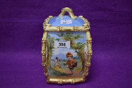 A Victorian E.J.D Bodley china biscuit barrel, of bowed rectangular form decorated with fairytale