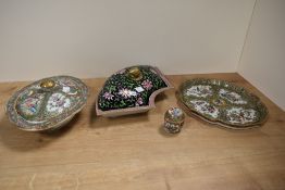 A Chinese Canontese famille rose Nonya ware lidded tureen and stand, profusely decorated in the