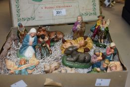 A vintage Child's nativity scene containing 18 religious figures and original box, hand coloured, to