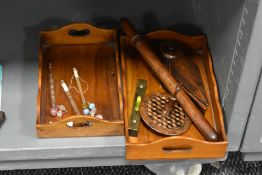 Two tray's containing a thermometer, marquetry inlaid ring holder, small spirit level, lace
