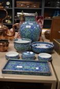 A selection of mid-century Japanese porcelain items all having blue with green foliage design with