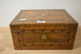 A 19th century walnut and parquetry inlaid writing box, w30cm x h15cm. Condition report: Missing