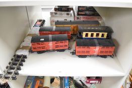Five G scale Wagons and Coaches along with two pieces of Peco Track, each piece length 90cm