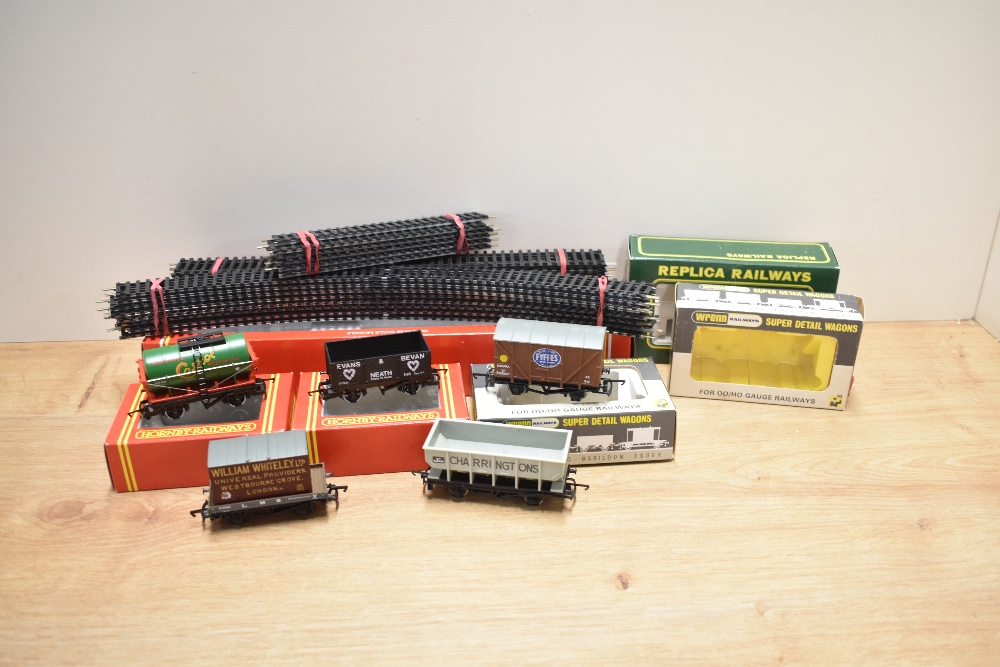 Five 00 gauge Wagons, Wrenn W5022A Banana Van, W5068 Charringtons 21T Hopper, Hornby R127 Castrol
