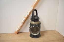 A Railway Signal Lantern, red and green lens present, one lens missing, marked G Polkey Ltd