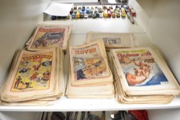 A shelf of vintage paper Comics including 1940's Adventure, Wizard, Hotspur, Skipper, Rover,
