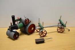 A Mamod Live Steam Roller and Log Trailer, burner present