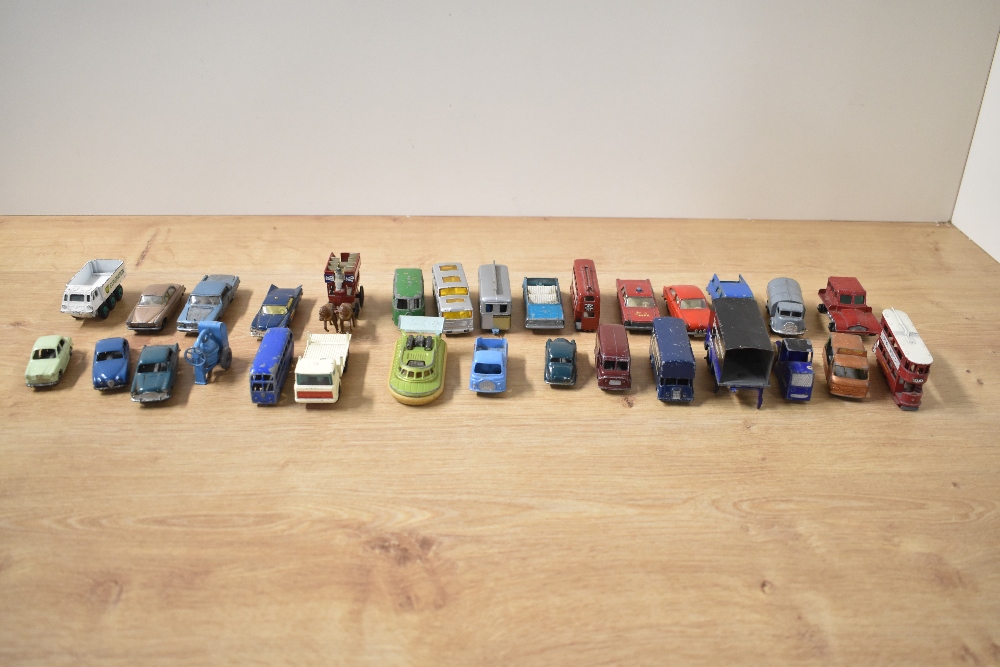 A collection of Matchbox Lesney playworn die-casts including no 57 Wolseley 1500, no 46 Morris Minor