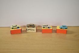 Four Fun-Ho Midget Die-casts, No 9 VW Car aqua, No 10 Ford Falcon gold, No 12 Vauxhall Velox cream