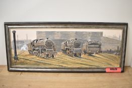 A framed oil on canvas, S R McDade, Green Ayre Railway Shed, 32cm x 77cm