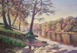 P H Marriner (British 20th century) oil on board 'Autumn Colour, Crook of Lune' river scene with