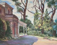 Bernard Coulter (British 20th century) oil on board, an Empire style house and gardens, signed lower