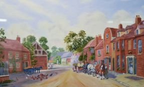 E Marshall (British 20th century) oil on board, bygone street scene, unsigned within a card mount