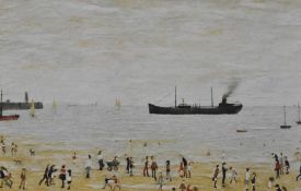After L.S Lowry (British 1887-1976) colour print 'Waiting for the Tide' within a slender black