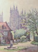 A 20th century English school watercolour, cathedral scene, signed 'Marc' lower right, within a