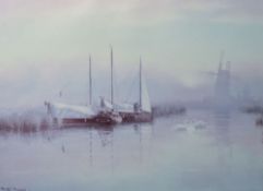 After David F. Dane (British contemporary) colour print, Norfolk Broads scene with boats and