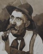 20th Century School watercolour, a shoulder length portrait of a Bavarian man smoking a pipe