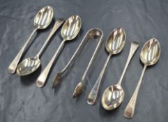 A cased set of six late Edwardian silver Old English pattern teaspoons and a pair of sugar tongs,