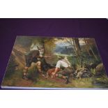 A printed German hunting scene on block board measuring 49cm x 36.5cm