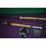 Two fly fishing rods and two fly reels A Bruce and Walker 3pc 11ft 3in carbon #4-6 and an Allcocks